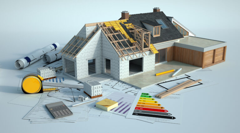 3D-Darstellung eines Hauses, das umfassend renoviert wird, mit Energiediagramm, Bauplänen und anderen Dokumenten